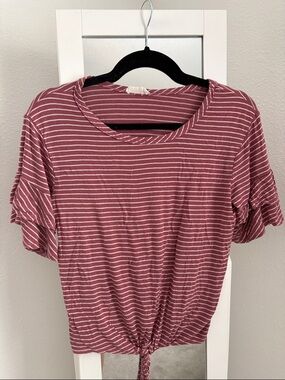 Pinc Mauve-Stripes Tie Hem Ruffle Sleeve Short Sleeve Top